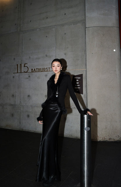 MEI SANGUAN Black slim V-neck fur jacket - BRIXABY