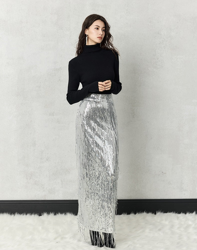 HECO 100% polyester Silver Black Sequins High Waist Slim Skirt Woman - sun.