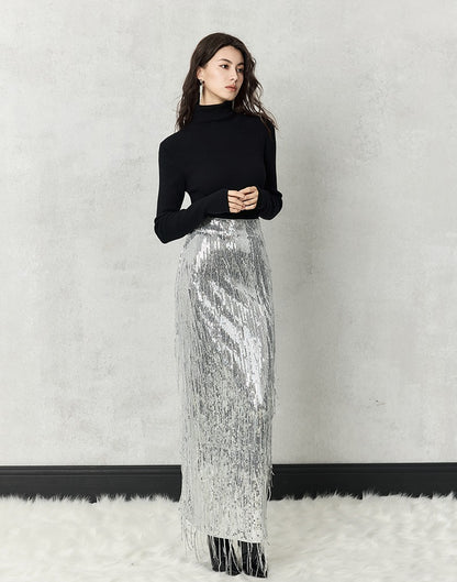 HECO 100% polyester Silver Black Sequins High Waist Slim Skirt Woman - sun.