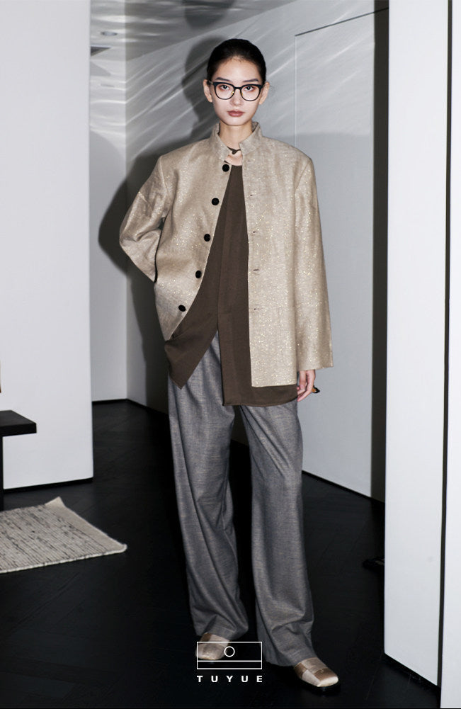 TUYUE Chinese style stand-up collar flap jacket linen casual suit- ARIANA.