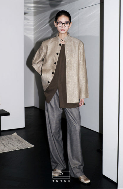 TUYUE Chinese style stand-up collar flap jacket linen casual suit- ARIANA.