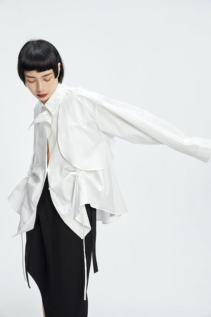 TINY IN  two irregular drawstrings waist cinching blue white shirts-DANTE
