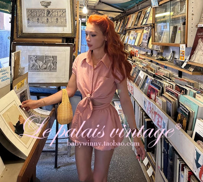 Le Palais Vintage  Gold Cotton Linen Pink Puff Sleeve Shirt + Shorts-ASA.