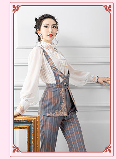 Magic Q's exclusive detachable suspenders embroidered high-waisted wide-leg pants - Ping