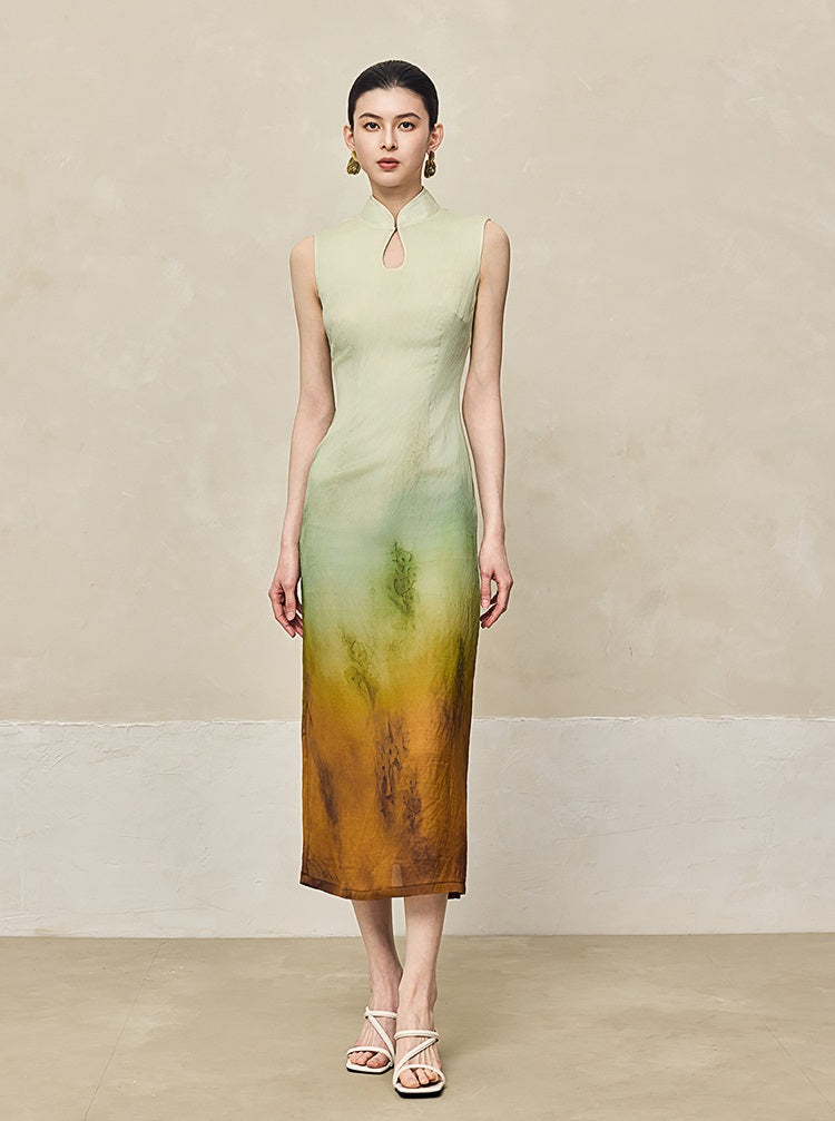 HECO Silk Smudge Chiffon Cheongsam midi sleeveless Dress Women - SIGHT.
