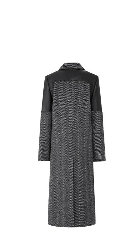 LEDIM W original wool women autumn winter patchwork herringbone coat - Miela