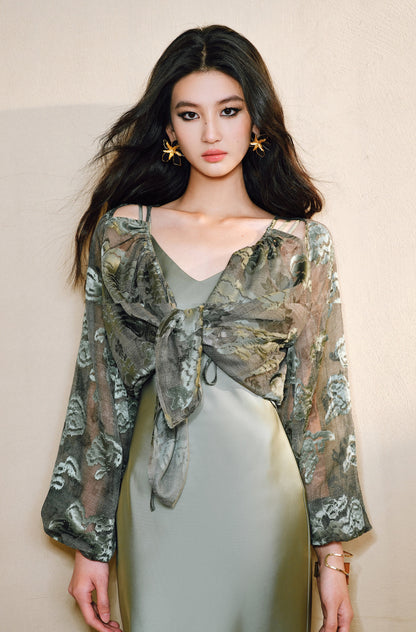 WANGXO Devoré Lace Light and Shadow Heavy Industry Bias French Cardigan & Satin Sundress Set - ESMEE