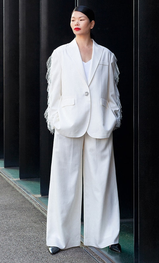 COMME MOI Lv Yan Designer Spring Women's Triacetate White Wide-leg Pants - VIVIAN.