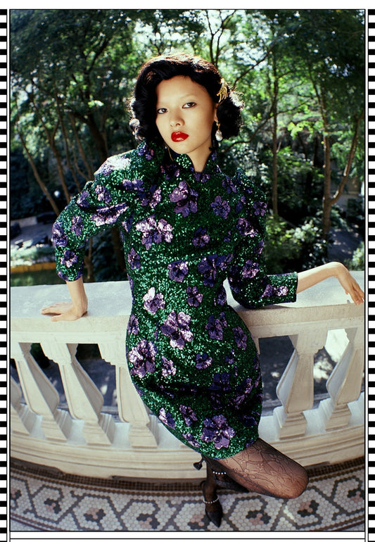 Limited Edition high-end 80's vintage inspired sequins beaded  purple print cocktail dress - Lauper