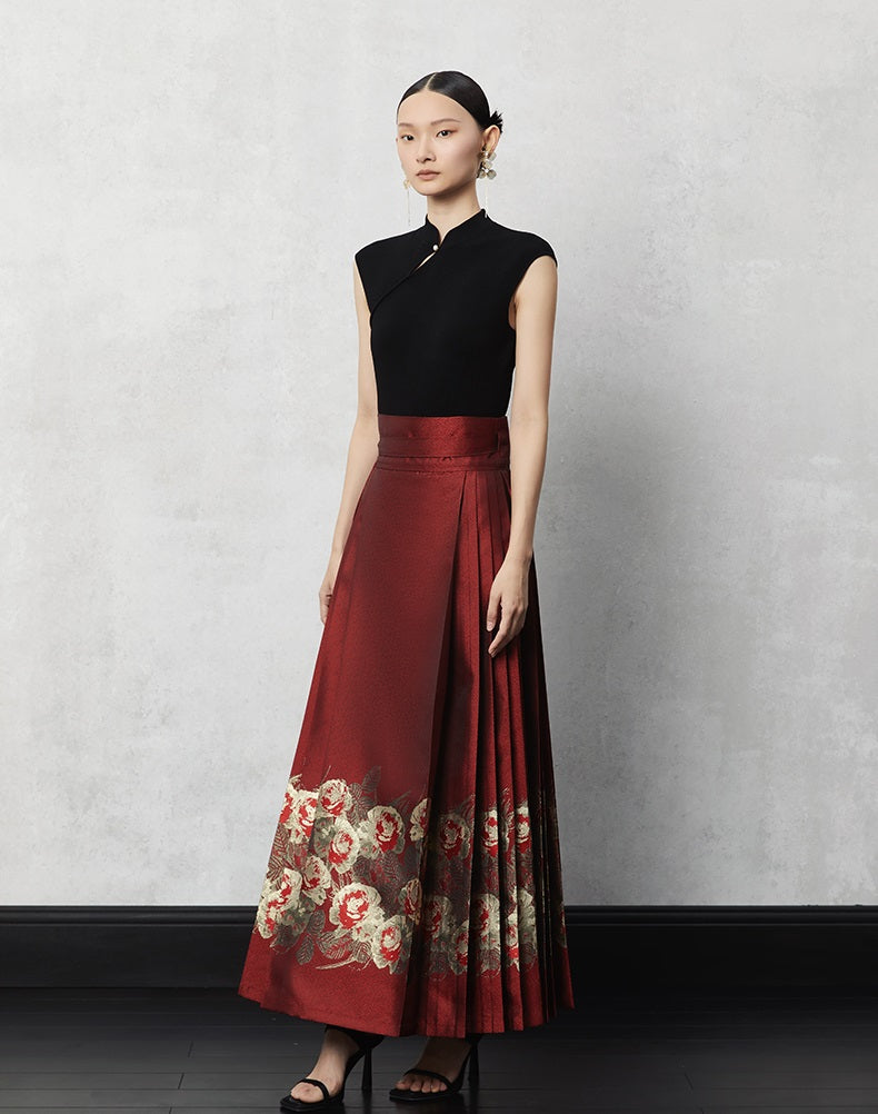 HECO Woven Gold Pattern Blue Horse Face Pleated High Waisted Skirt - tech.