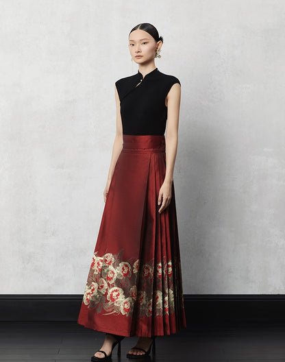 HECO Woven Gold Pattern Blue Horse Face Pleated High Waisted Skirt - tech.