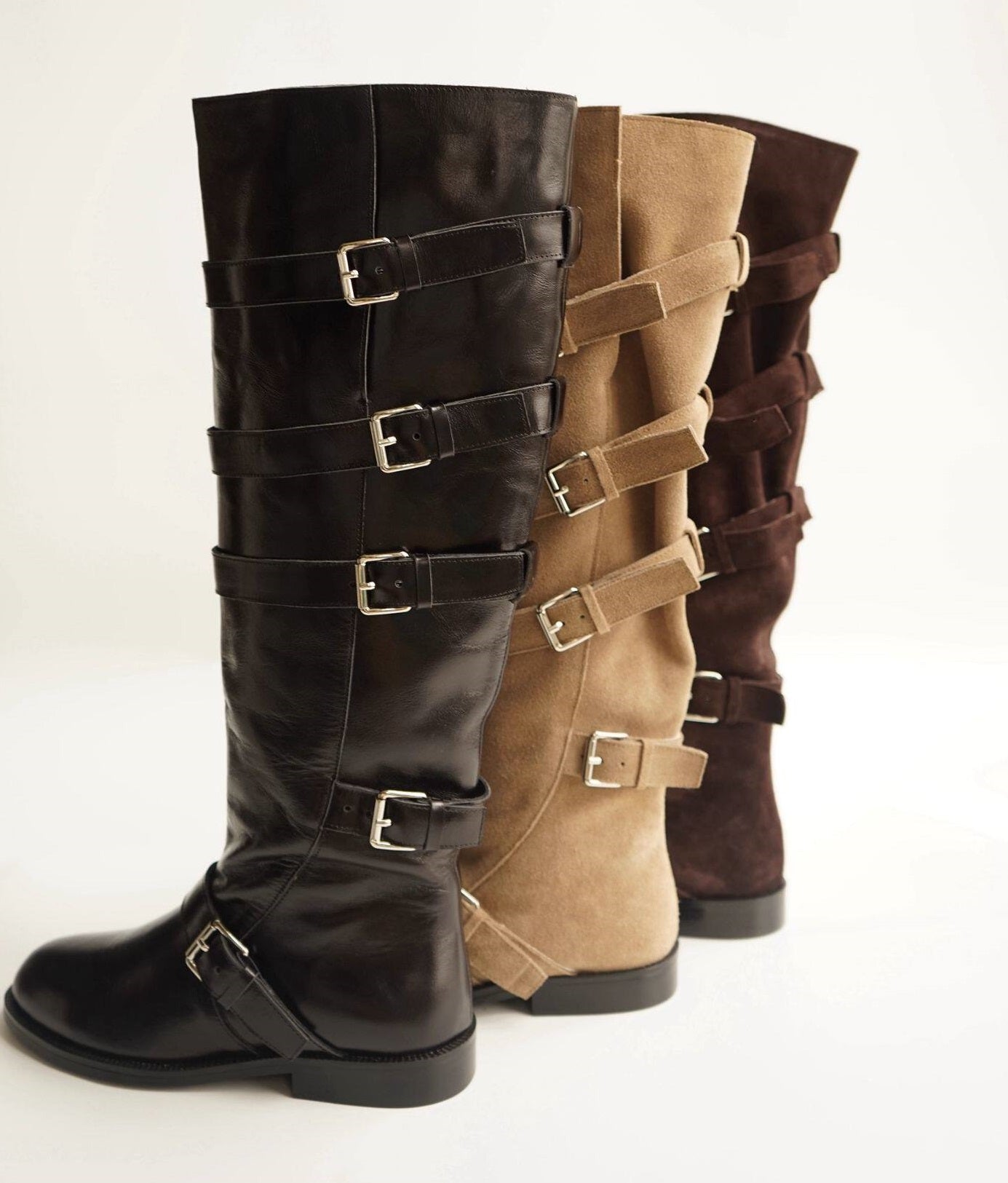 B-FEI belt buckle high-top leather women's fashion boots.