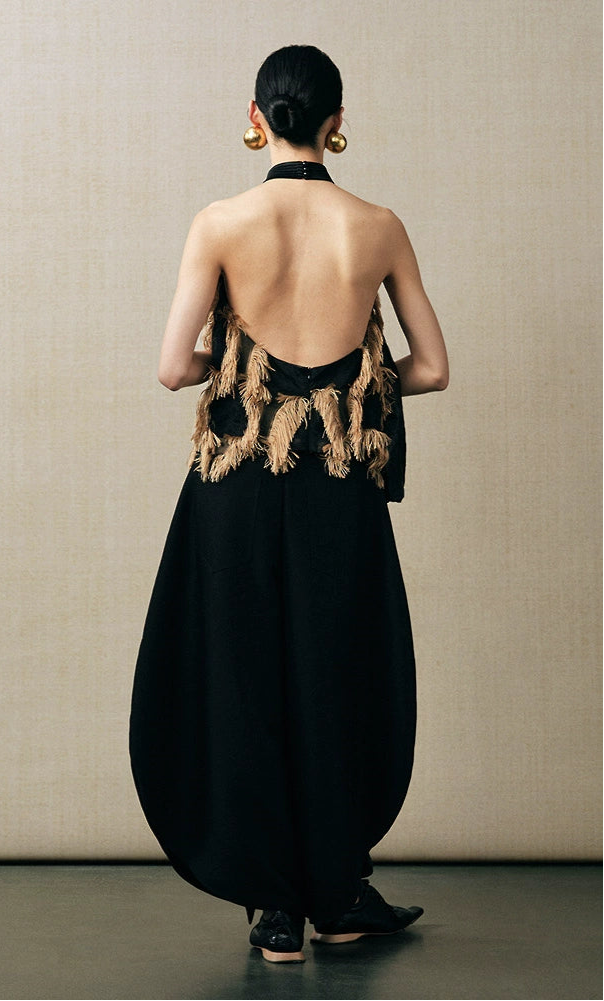 ZHUCHONGYUN draped tassel jacquard sleeveless halter neck suspender top-MAOTOME.