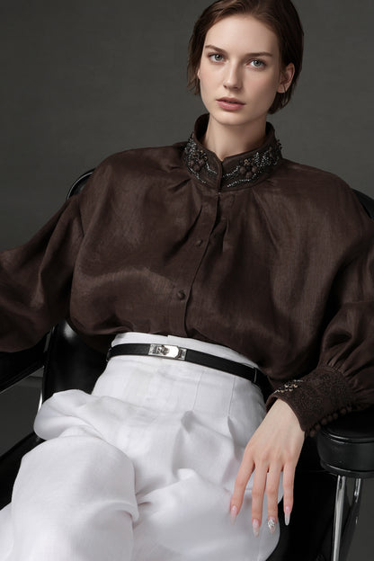 PIAOIN luxury vintage beaded design handmade custom shirt-BEATRICE.