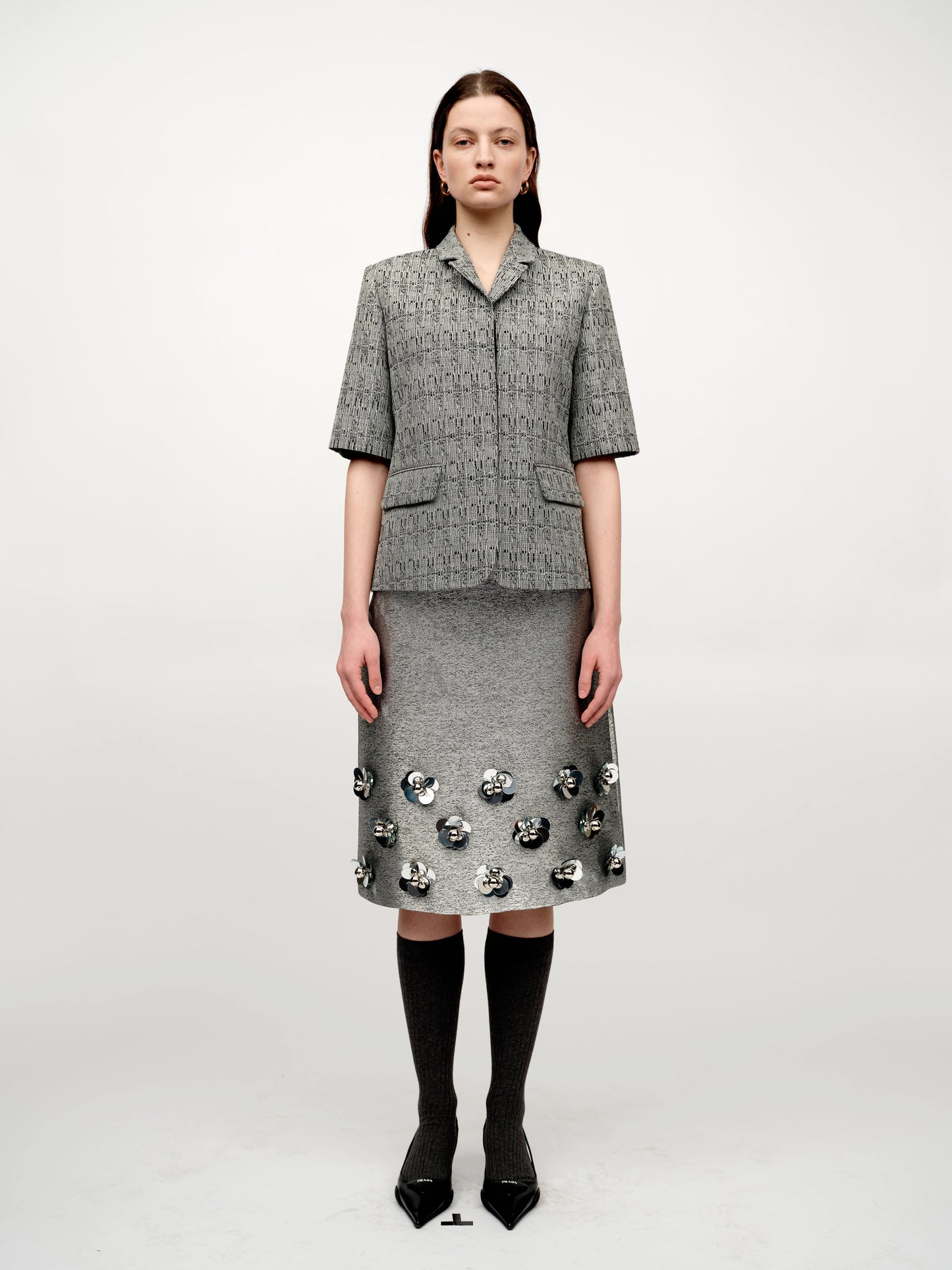 SERRER Black & White Textured Short Sleeve Blazer - EMMA.