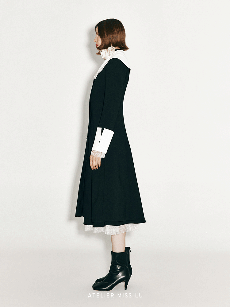 ATELIER MISS LU lapel contrast patchwork receiver waist dress - AVALON.