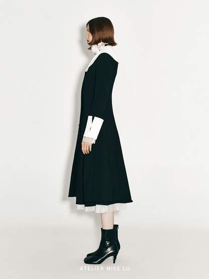 ATELIER MISS LU lapel contrast patchwork receiver waist dress - AVALON.