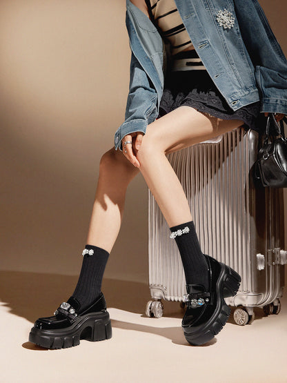 PJJUU Black Patent Leather Block British Style Single Shoes - ATTEND