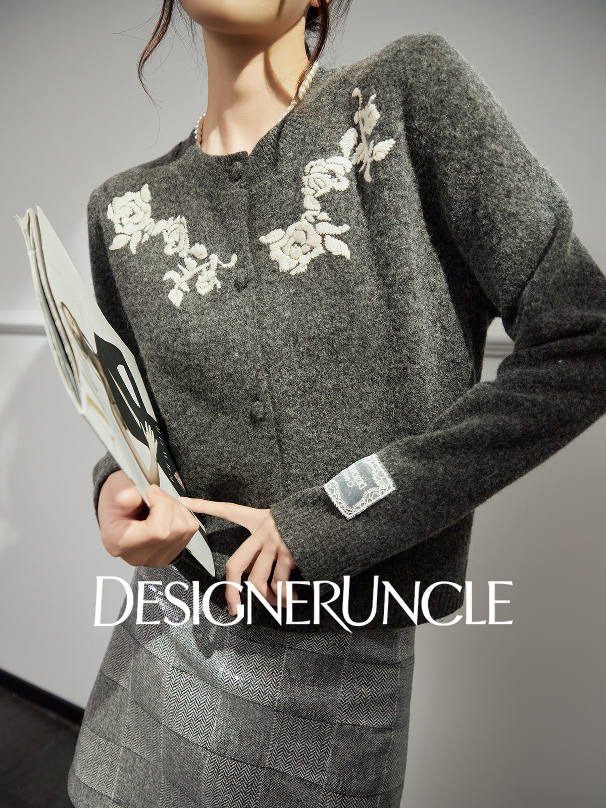 DGU "Flower Rhyme" gray sweater autumn retro loose slimming knitted top - Brianna.