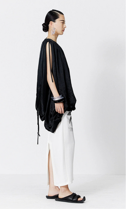 ZHUCHONGYUN Black Fiber Satin Adjustable Lace-up Loose Top--UNAKA.