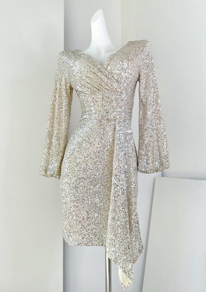 DOLLY Luxury Bright Sequin V-Neck Long Sleeve Short Irregular Hem Dress-WILLOW