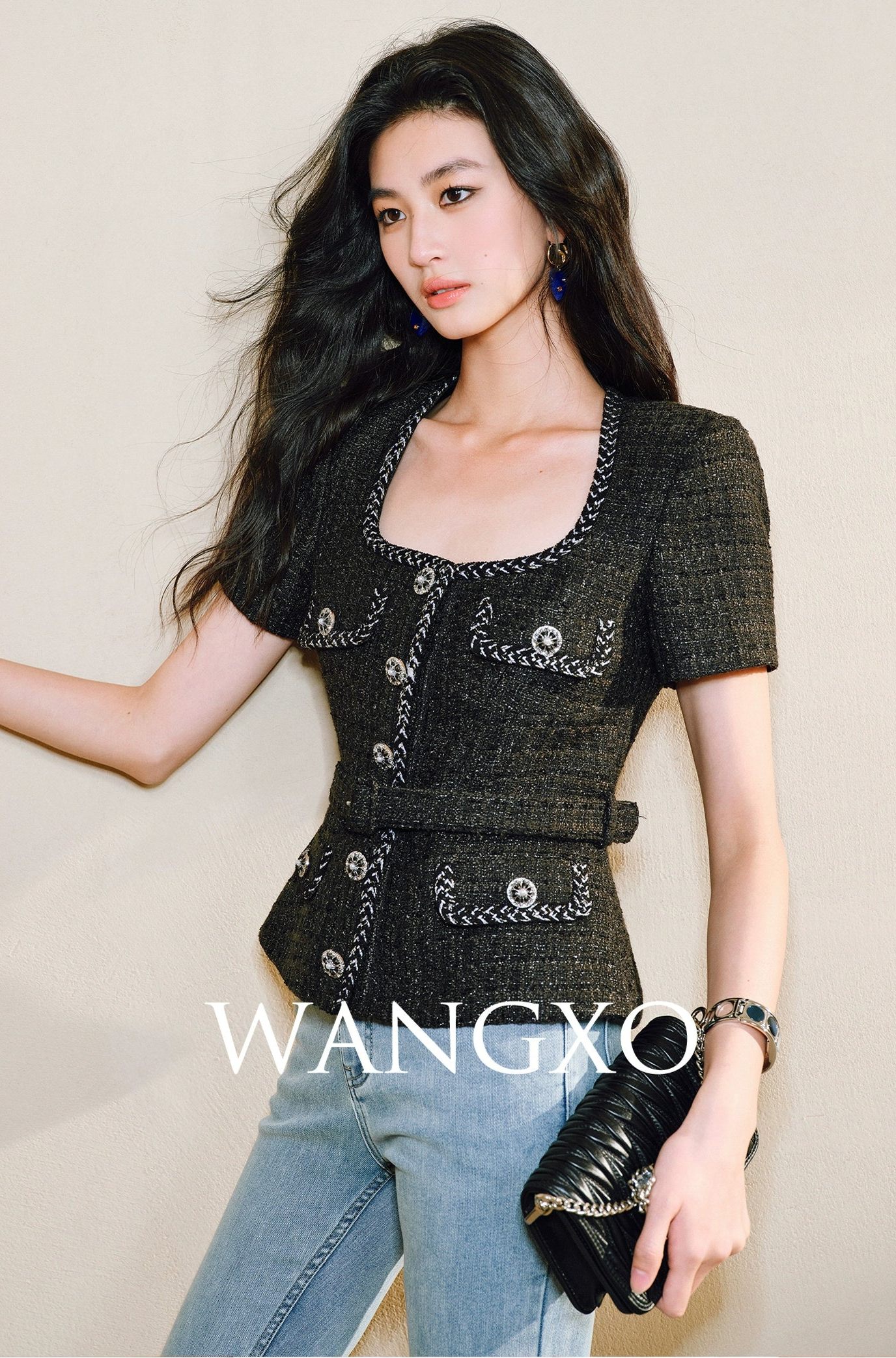 WANGXO Filigree Lumina Top High-End Delicate Webbing Belt & Square Neckline - MIRNA