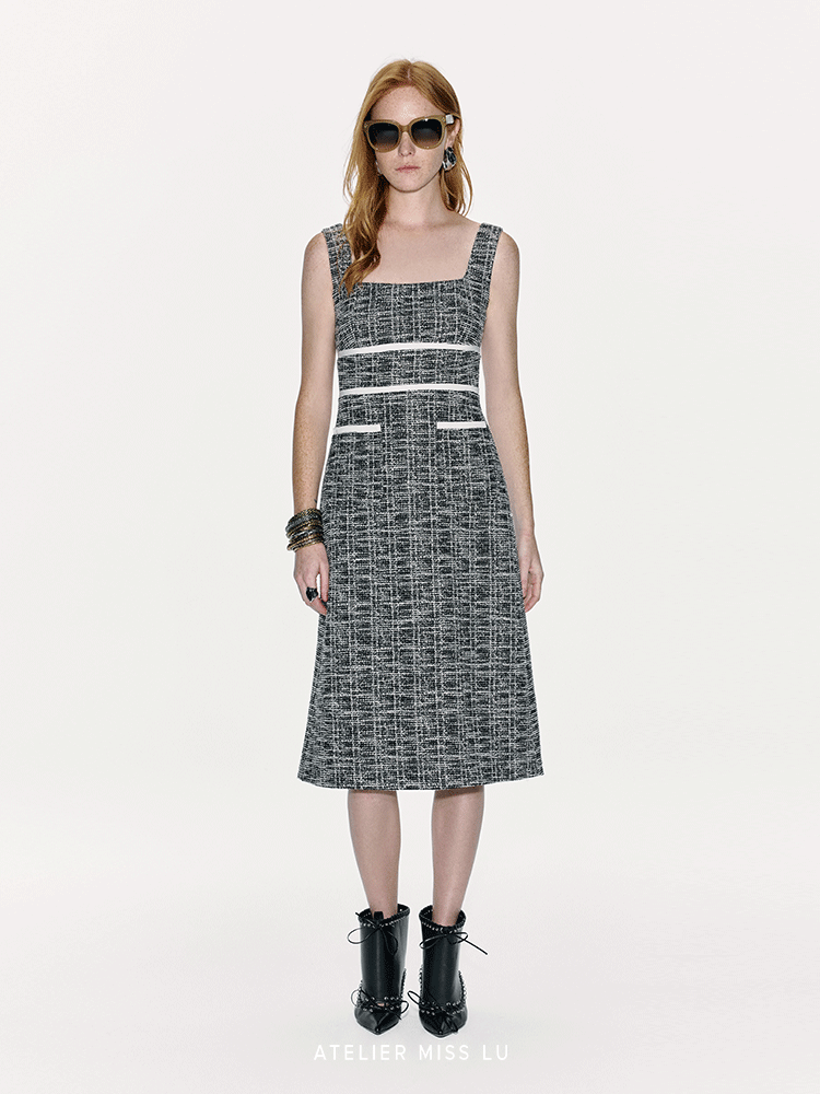 ATELIER MISS LU Contrasting Stitching Small Fragrance Waist Dress - SILVER.