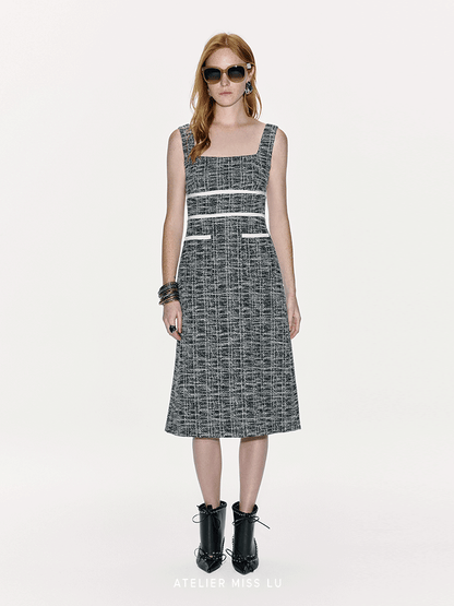 ATELIER MISS LU Contrasting Stitching Small Fragrance Waist Dress - SILVER.