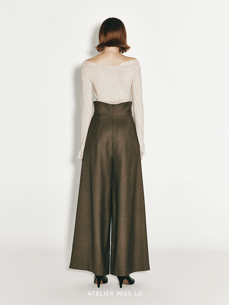 ATELIER MISS LU Cotton Wool Wide-leg Pants - PEPPER