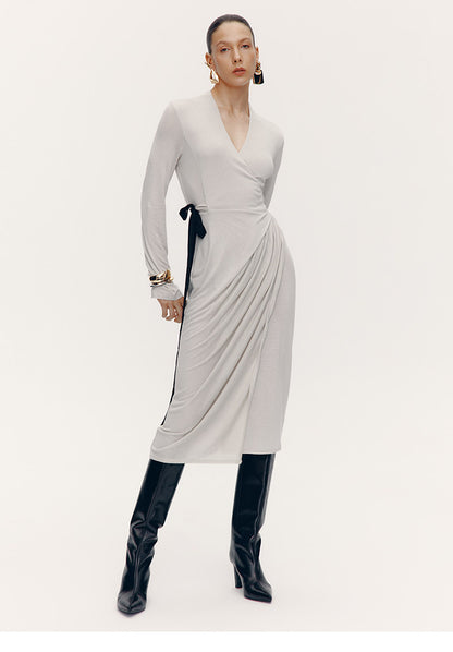 ATELIER MISS LU [Ferrar Pleated Light] Lace-up Soft Knit Wrap Dress -BWEST