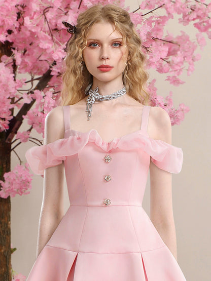 CHECOCRE Stubble sweet temperament style pink satin organza dress - EMA.