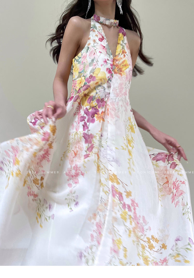 Aconiconi Elegant Japanese Style Printed Long Loose Halter Dress- Daylily and Breeze M / White Aconiconi Elegant Japanese Style Printed Long Loose Halter Dress- Daylily and Breeze M / White