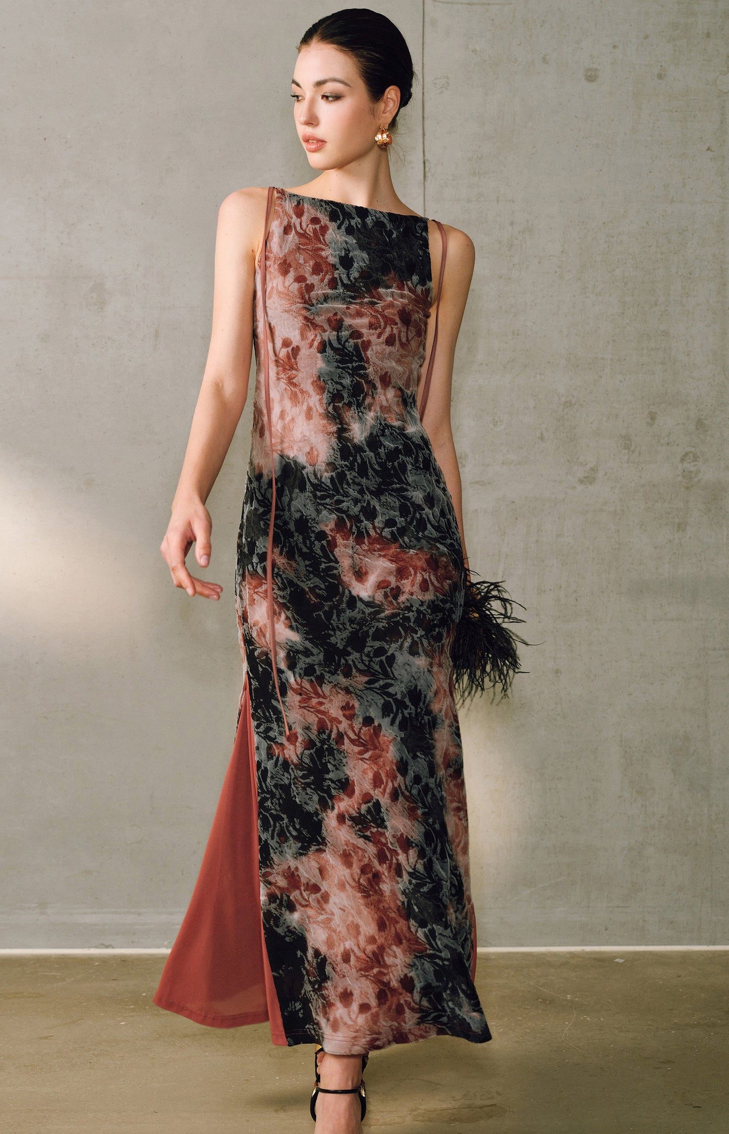 WANGXO | Artistic Ink Smudge Flora Knit Patchwork Contrast Tulle One-Shoulder Fishtail Dress with Flowing Gradient Drama -XINA