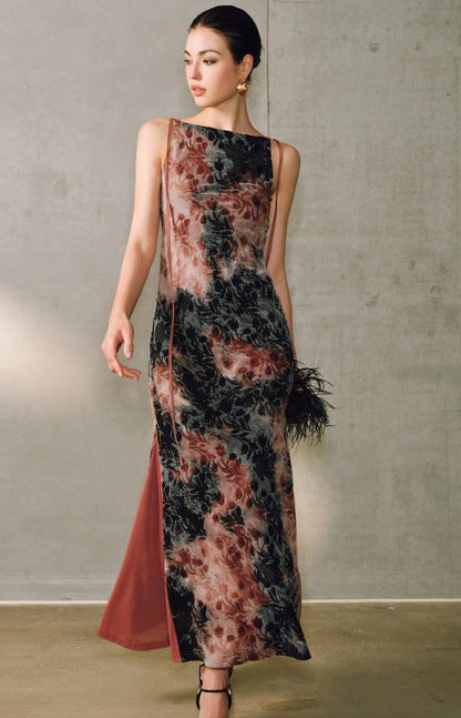 WANGXO | Artistic Ink Smudge Flora Knit Patchwork Contrast Tulle One-Shoulder Fishtail Dress with Flowing Gradient Drama -XINA