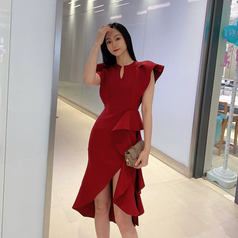 DOLLY Luxury V-Neck Short Sleeve High waist Slim Fit Irregular Hem Date Dress-LISA