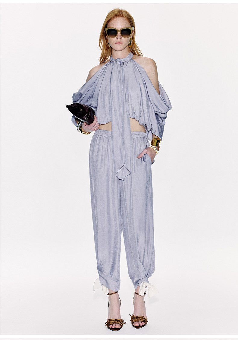 ATELIER MISS LU Bow Embellishment Cinched Acetate Tapered Pants - BRUCE.