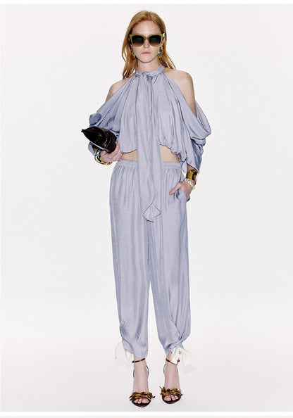 ATELIER MISS LU Bow Embellishment Cinched Acetate Tapered Pants - BRUCE.