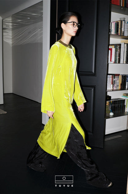 TUYUE Willow Yellow Satin Woven × Silk Velvet H-Shaped Slit Dress- FRANKLIN.