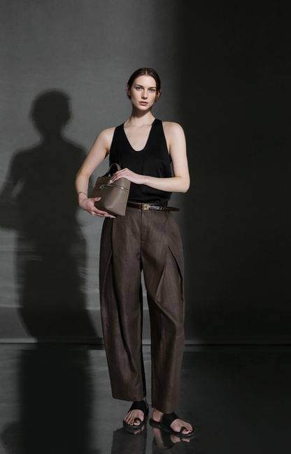 PIAOIN designer haute couture cross pleated niche Tencel linen wide leg straight pants -ALICE