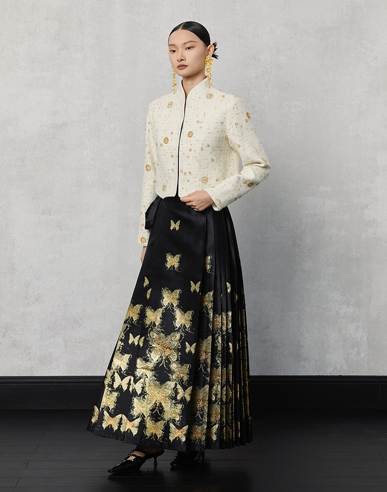 HECO Butterfly Hanfu High Waisted Pleated Long Skirt - rain.
