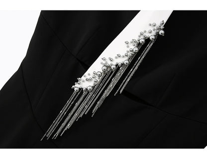 pearl tie, unique designer elegant LBD black work dress