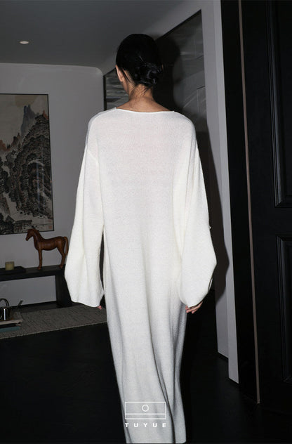 TUYUE Wool Crew Neck Slanted Placket Long Sleeve Knitted Dress - MARIA.