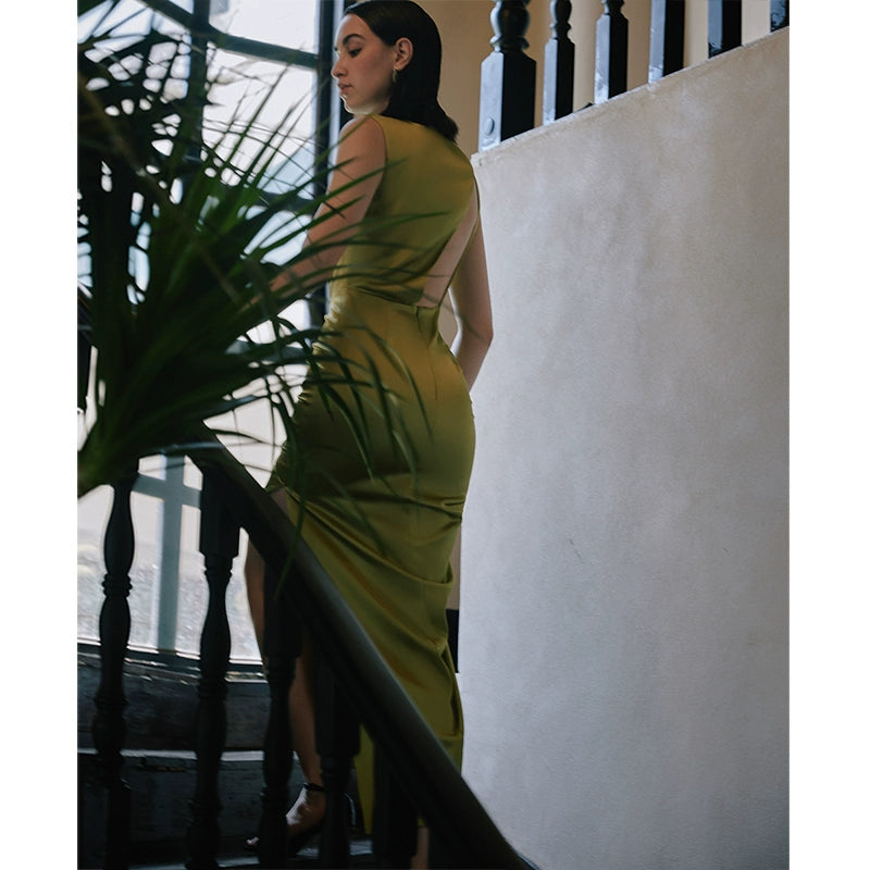 GOUDIN high-end light luxury mustard green evening dress -ZIA.
