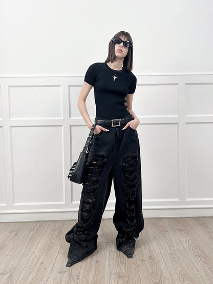 ANNAKIKI  Designer Women's Niche Black Ripped Distressed Jeans Wide-leg Pants-SPIKE