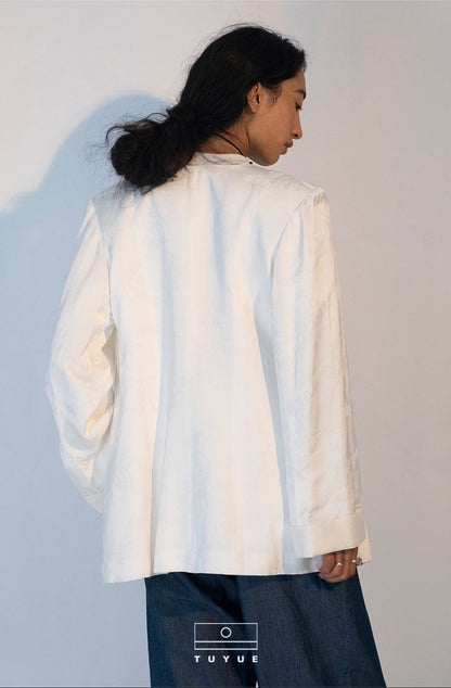 TUYUE white woven flower crew neck slim fit blazer - NINA.