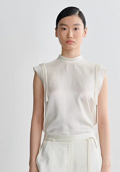 COMME MOI Lv Yan designer summer sleeveless stand collar triple acetate satin top - MEADOW.