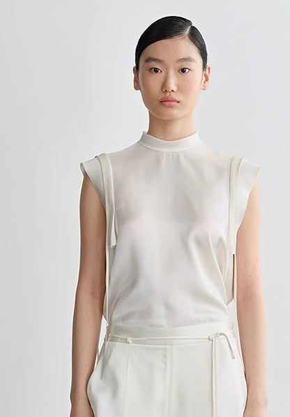 COMME MOI Lv Yan designer summer sleeveless stand collar triple acetate satin top - MEADOW.