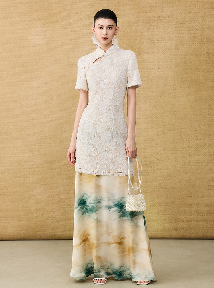 HECO Chinese style short-sleeved embossed flower summer cut-out short dress- TEMIRO.