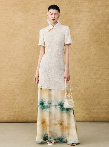 HECO Chinese style short-sleeved embossed flower summer cut-out short dress- TEMIRO.