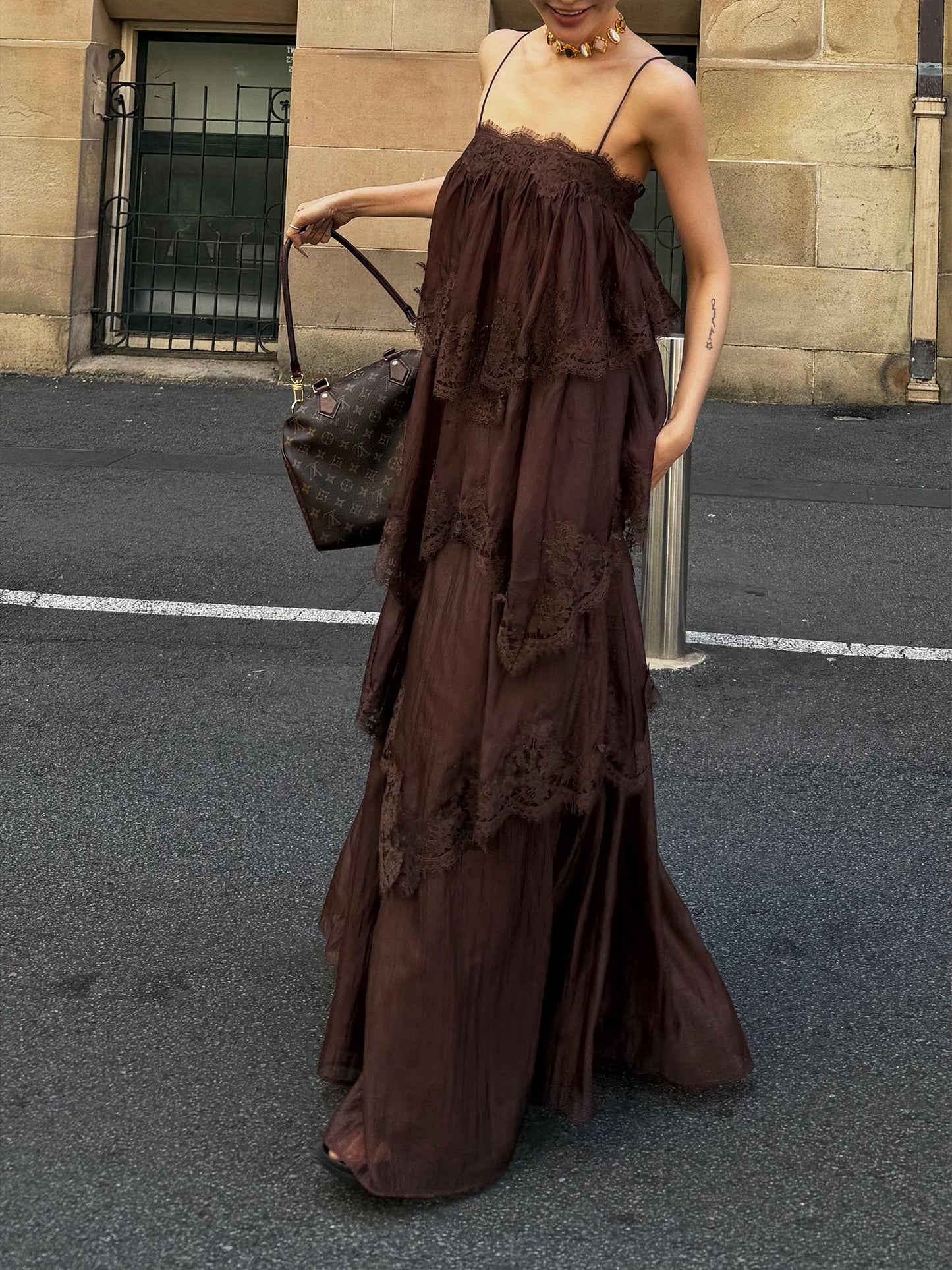 MEI SANGUAN Coffee & Beige Lace Camisole Dress - EMMA